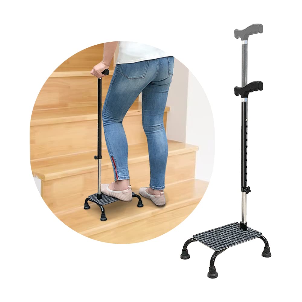 Stair Climbing Cane Half Step Stair Lifts Aid Seniors Balance Walking Sticks 4 Prong Quad Base Seat Adjustable Helper to Walk Up and Down Stairs Assist Devices for Men Women Elderly
