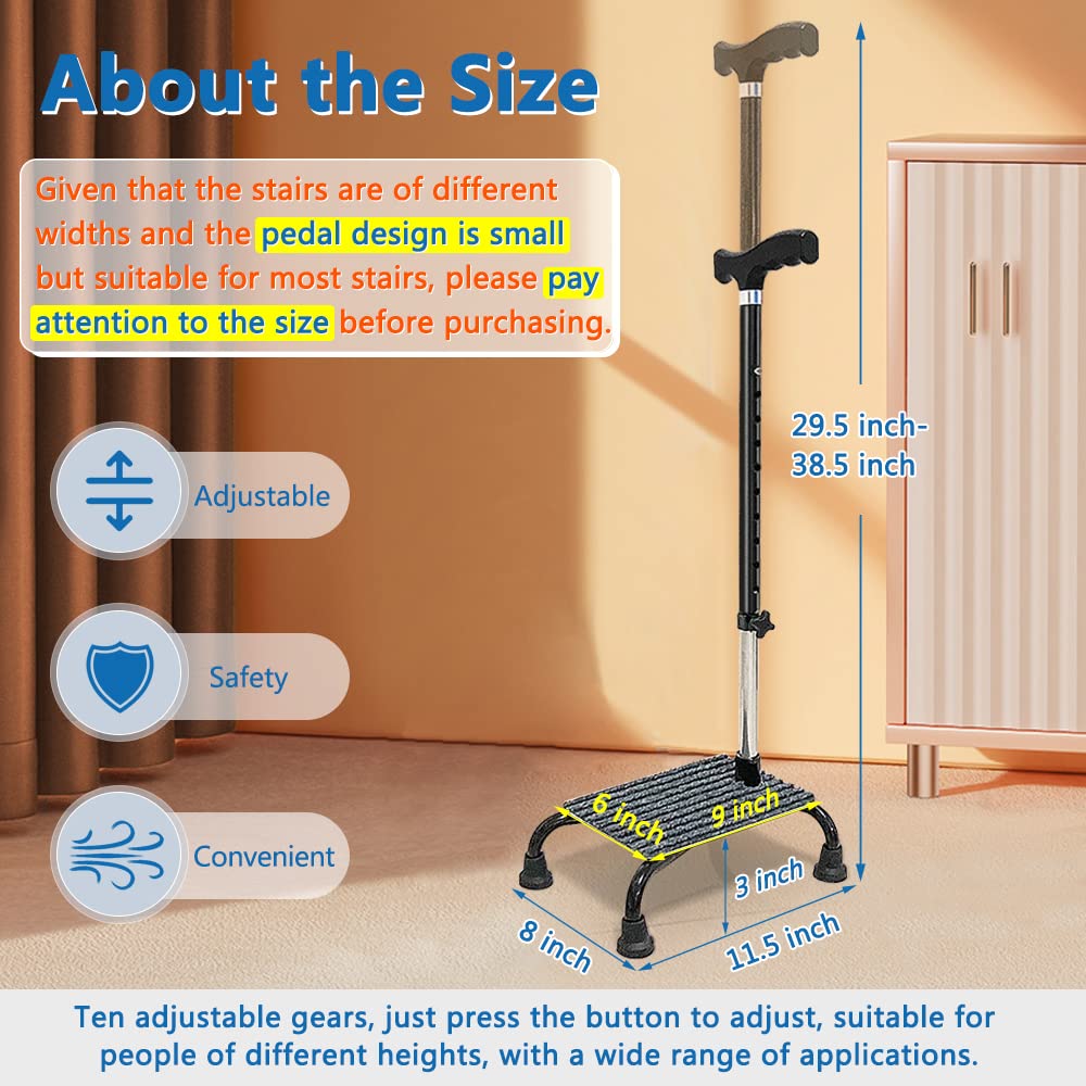 Stair Climbing Cane Half Step Stair Lifts Aid Seniors Balance Walking Sticks 4 Prong Quad Base Seat Adjustable Helper to Walk Up and Down Stairs Assist Devices for Men Women Elderly