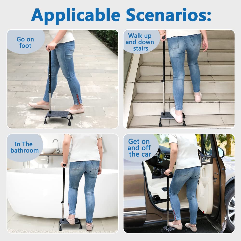 Stair Climbing Cane Half Step Stair Lifts Aid Seniors Balance Walking Sticks 4 Prong Quad Base Seat Adjustable Helper to Walk Up and Down Stairs Assist Devices for Men Women Elderly