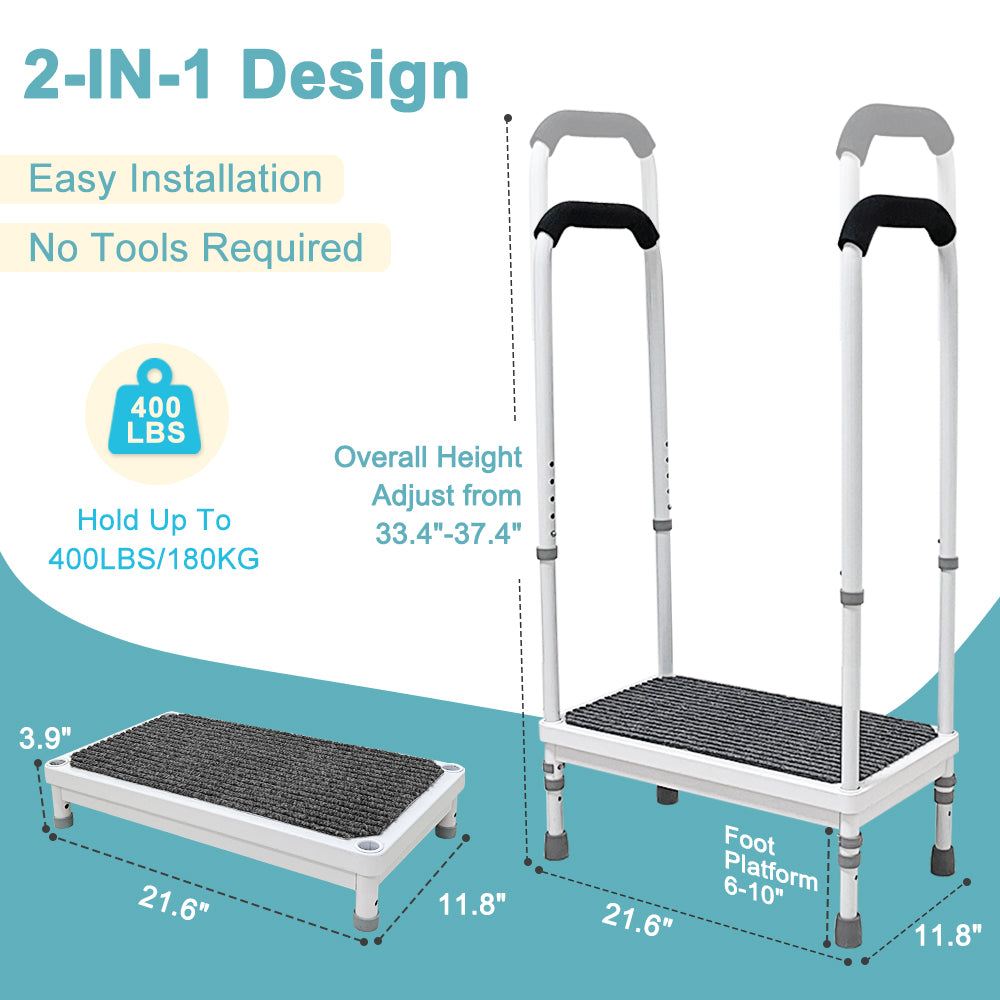 Step Stool with Handle for Elderly Medical Step Stools Seniors Handicap Safety Wide Platform Metal Step Ramp for Adults Foot Stool with Handle Fall Prevention Devices Stair Assist Helper (400 LBS)