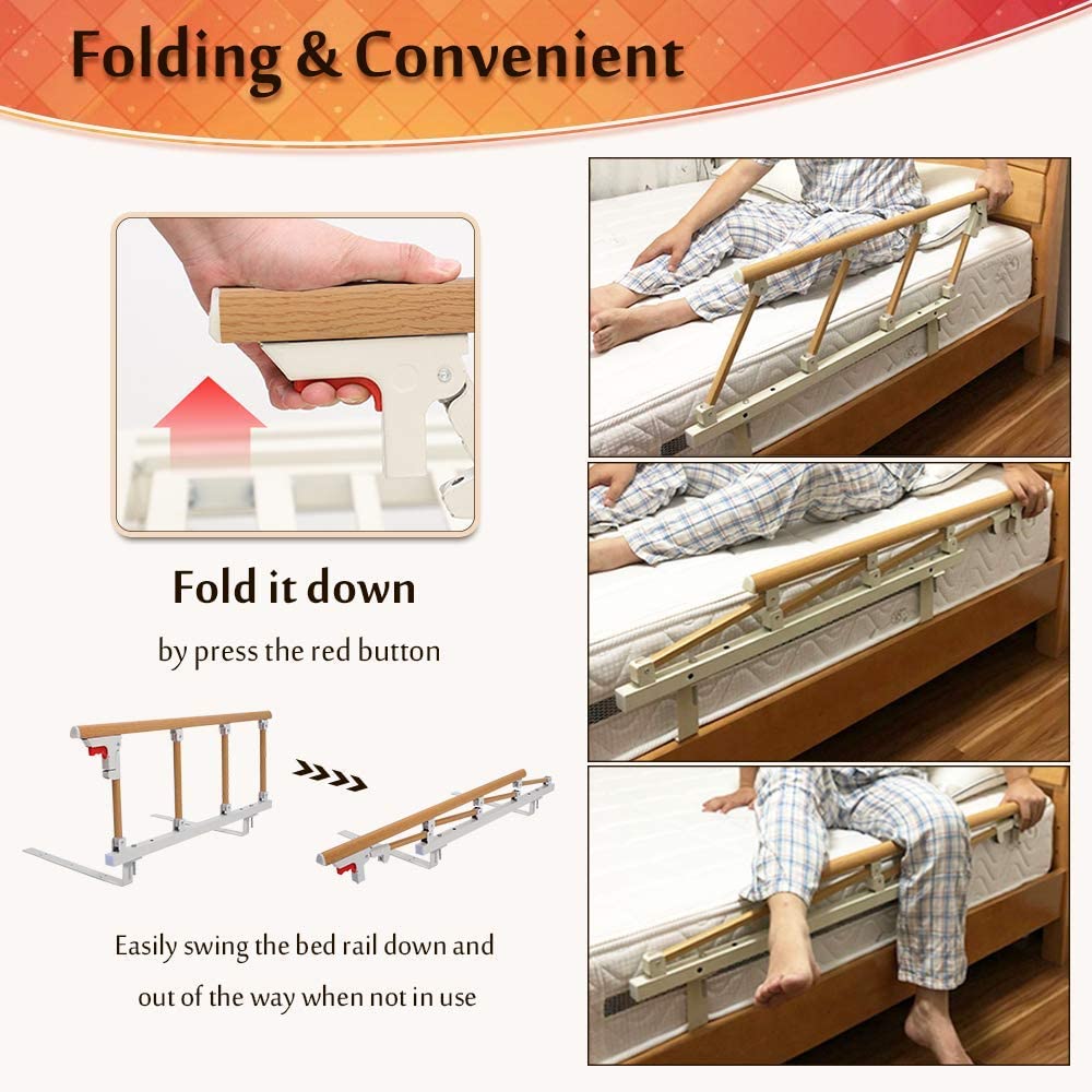 Bed Rails Safety Assist Handle Bed Railing for Elderly & Seniors, Adults, Children Guard Rails Folding Hospital Bedside Grab Bar Bumper Handicap Medical Stand Assistance Devices (Wooden Grain)