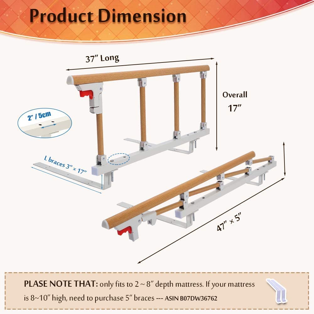 Bed Rails Safety Assist Handle Bed Railing for Elderly & Seniors, Adults, Children Guard Rails Folding Hospital Bedside Grab Bar Bumper Handicap Medical Stand Assistance Devices (Wooden Grain)