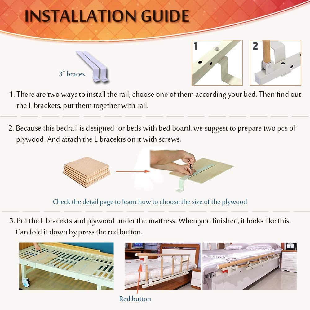 Bed Rails Safety Assist Handle Bed Railing for Elderly & Seniors, Adults, Children Guard Rails Folding Hospital Bedside Grab Bar Bumper Handicap Medical Stand Assistance Devices (Wooden Grain)